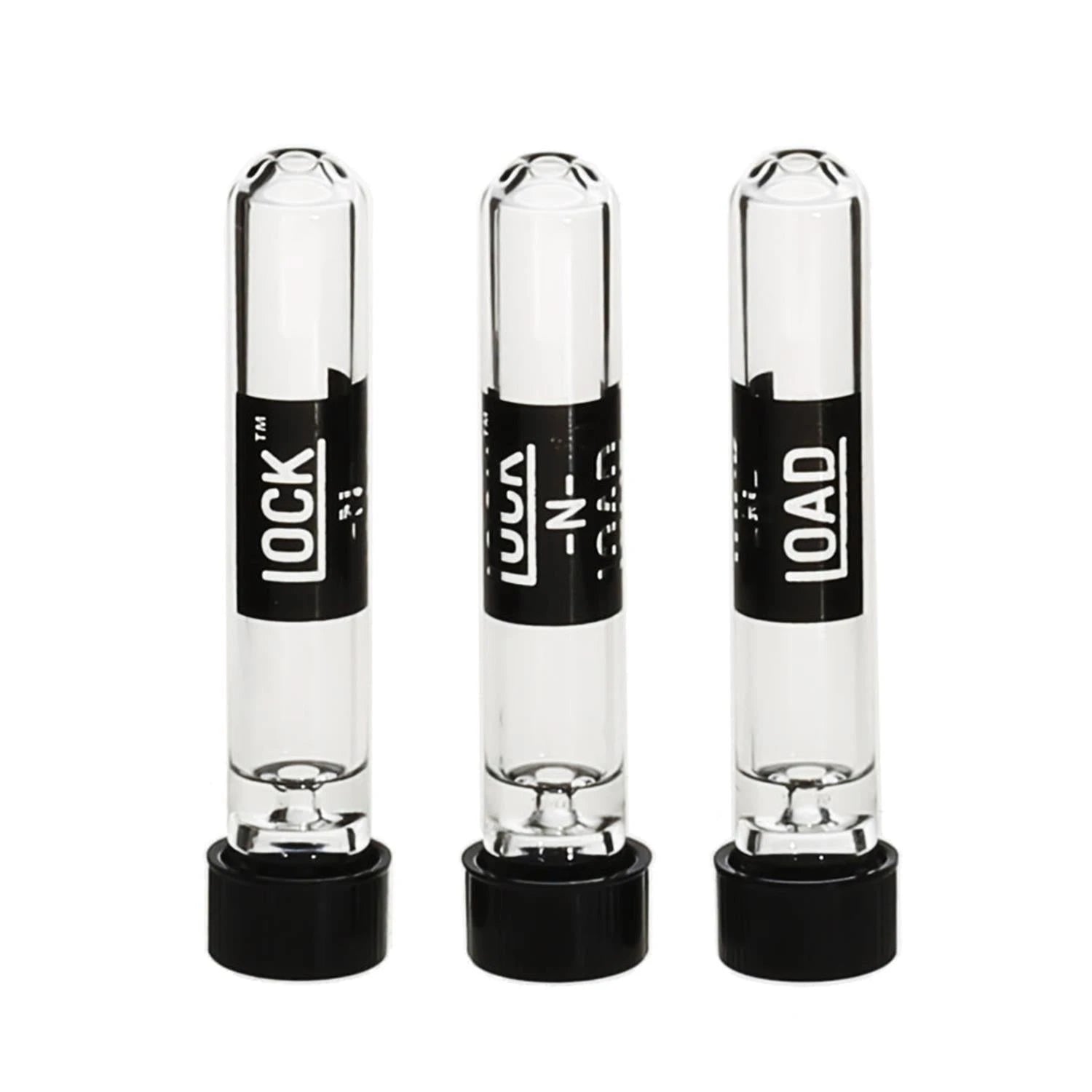 Lock-N-Load Chillum Glasfilter 9mm, drei transparente Glasfilter mit schwarzen Schraubdeckeln nebeneinander, schwarzes „Lock-N-Load" Label, weißer Hintergrund